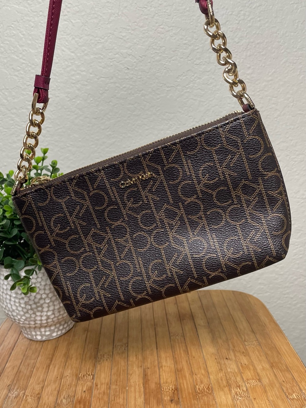 Calvin Klein Brown Signature Logo Crossbody with Burgundy Strap and Gold Chain
